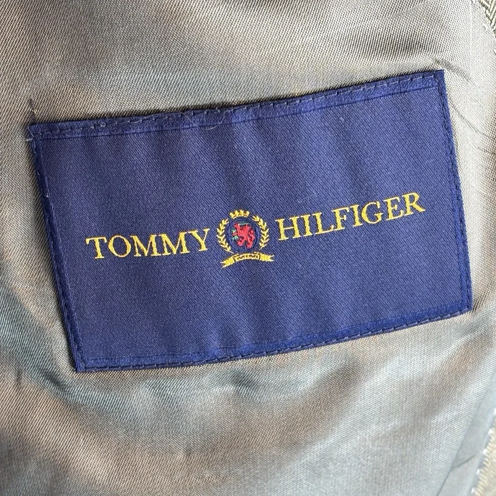 Tommy Hilfiger Blazer 42L Silk/Wool Herringbone Glen Plaid Greenish Beige Jacket